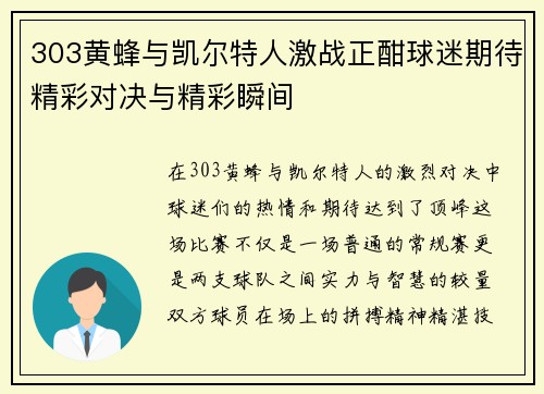 303黄蜂与凯尔特人激战正酣球迷期待精彩对决与精彩瞬间
